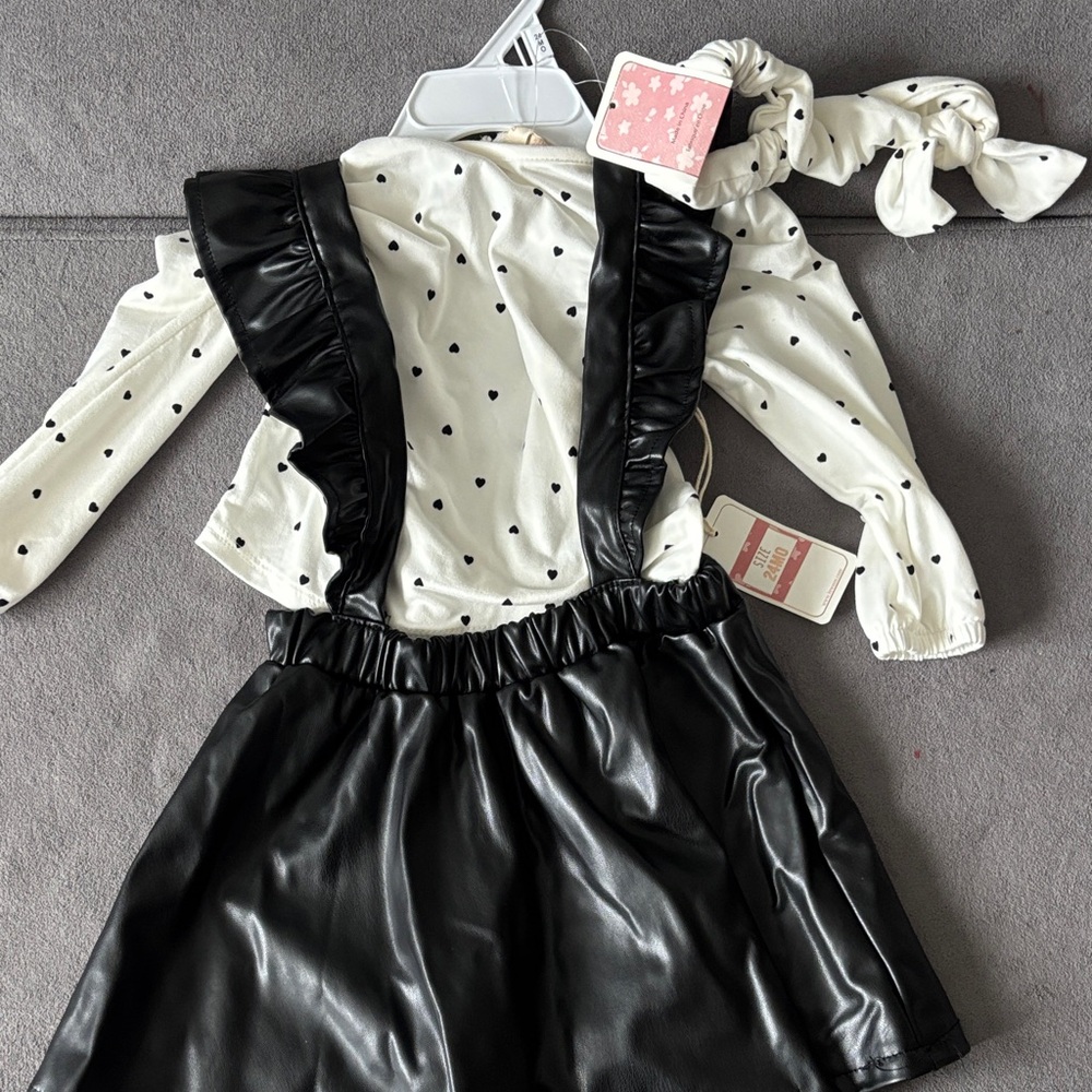 Baby Black & White Polka Dot Outfit w/ Faux leather dress | included w/headband